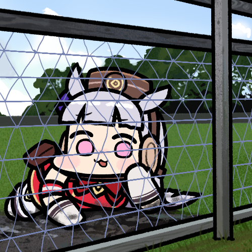 1girl :3 animal_ears blunt_bangs bow commentary dress ear_bow fence gloves gold_ship_(umamusume) grey_hair horse_ears horse_girl jazz_jack long_hair looking_at_viewer lowres lying mud on_stomach photo-referenced pillbox_hat purple_eyes red_dress solo umamusume white_gloves