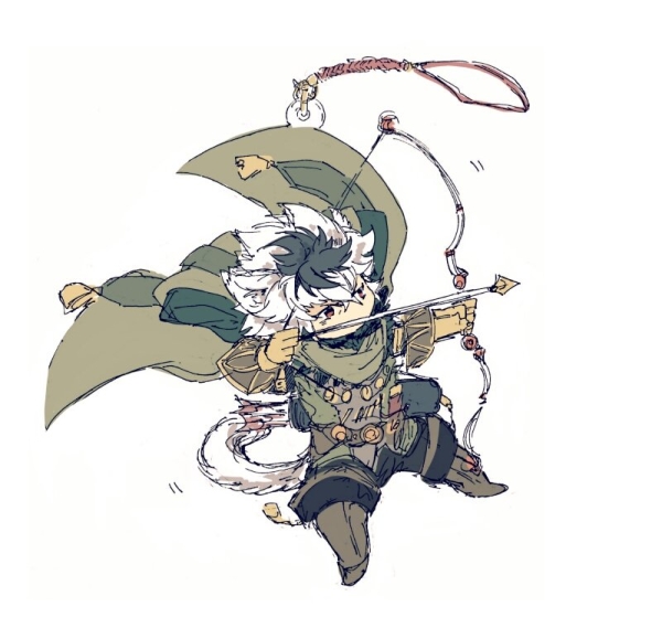 1boy aiming arrow_(projectile) black_hair boots bow_(weapon) fire_emblem fire_emblem_fates gloves holding holding_arrow holding_bow_(weapon) holding_weapon hotate_rayan leather leather_boots male_focus multicolored_hair nintendo quiver shura_(fire_emblem) solo two-tone_hair weapon white_hair