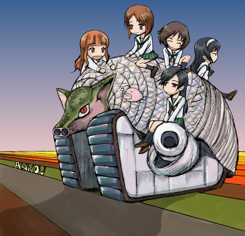 10s 5girls ahoge akiyama_yukari ankou armadillo black_hair blonde_hair brown_eyes brown_hair emerson_lake_&amp;_palmer girls_und_panzer headband isuzu_hana long_hair military military_vehicle motor_vehicle multiple_girls nishizumi_miho orange_hair reizei_mako school_uniform serafuku short_hair skirt takebe_saori tank tarkus tarkus_(album) thighhighs