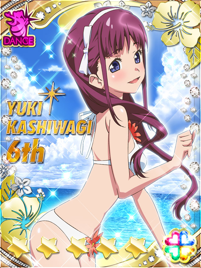 1girl :d akb0048 bikini blue_eyes bow_hairband card_(medium) character_name clenched_hand cloud cloudy_sky cowboy_shot fanged_bangs flower from_side hairband halterneck heart kashiwagi_yuki_(akb0048) long_hair looking_at_viewer looking_to_the_side non-web_source ocean official_art open_mouth outdoors purple_hair red_flower sky smile solo sparkle standing star_(symbol) swimsuit white_bikini white_hairband