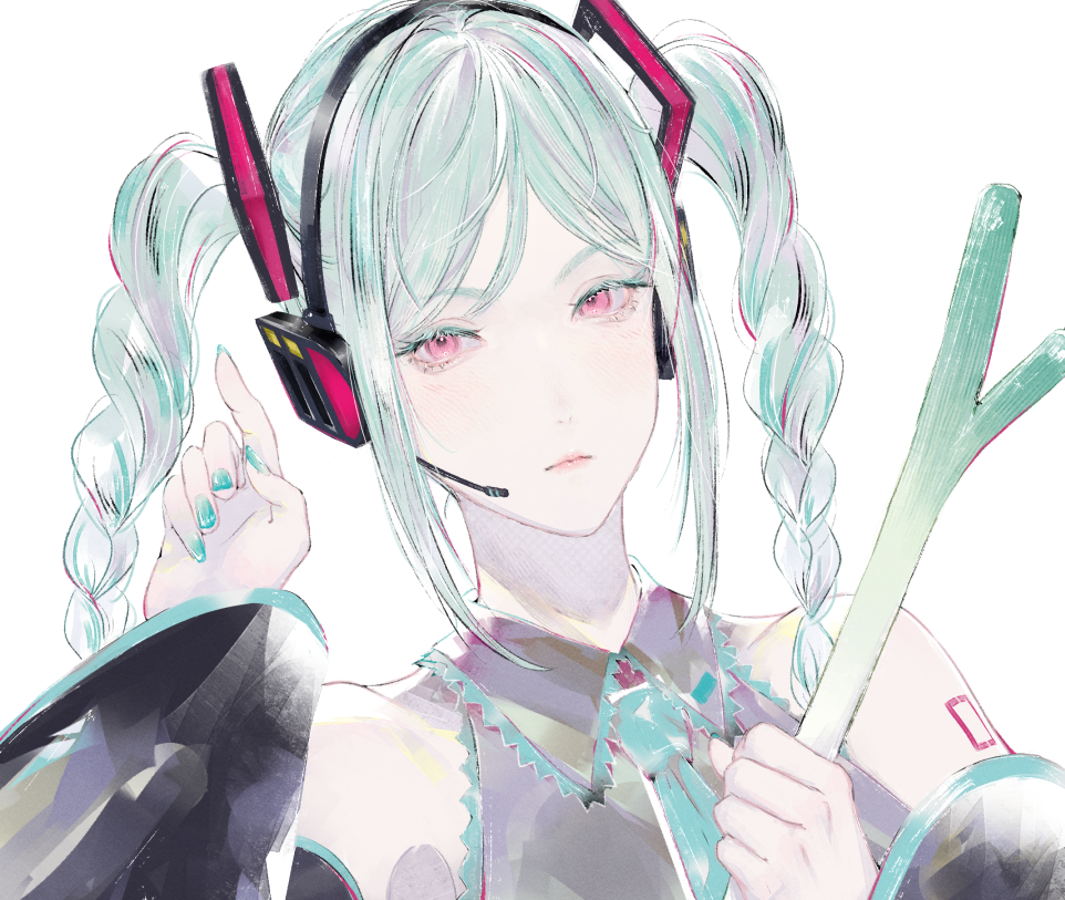 1girl aqua_hair aqua_nails aqua_necktie black_sleeves braid braided_twintails collared_shirt color_connection commentary_request cosplay detached_sleeves food grey_shirt hair_color_connection hairstyle_connection hatsune_miku hatsune_miku_(cosplay) headphones headset holding holding_food holding_spring_onion holding_vegetable long_sleeves looking_at_viewer love_live! love_live!_superstar!! medium_hair necktie onitsuka_tomari pink_eyes portrait shirt sidelocks simple_background sleeveless sleeveless_shirt solo spring_onion twin_braids twintails vegetable vocaloid white_background yoruneko_yashiro