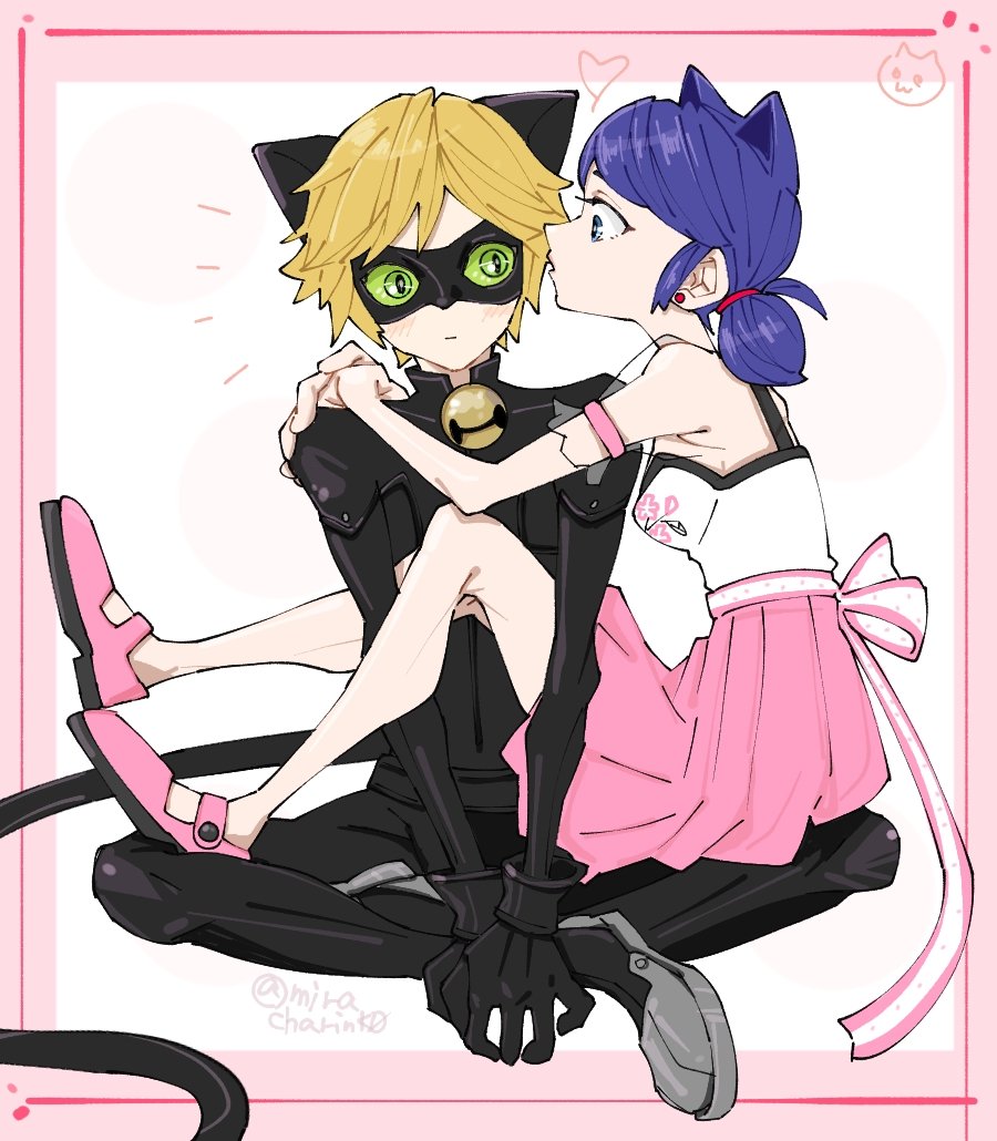 1boy 1girl adrien_agreste animal_ears bell black_bodysuit black_mask blonde_hair blue_eyes blue_hair blush bodysuit cat_boy cat_ears cat_girl cat_tail chat_noir earrings green_eyes jewelry looking_at_another marinette_dupain-cheng mask miracharink0 miraculous_ladybug pink_ribbon pink_shoes pink_skirt ribbon shirt shoes short_twintails sitting sitting_on_lap sitting_on_person skirt slit_pupils superhero_costume tail twintails white_shirt