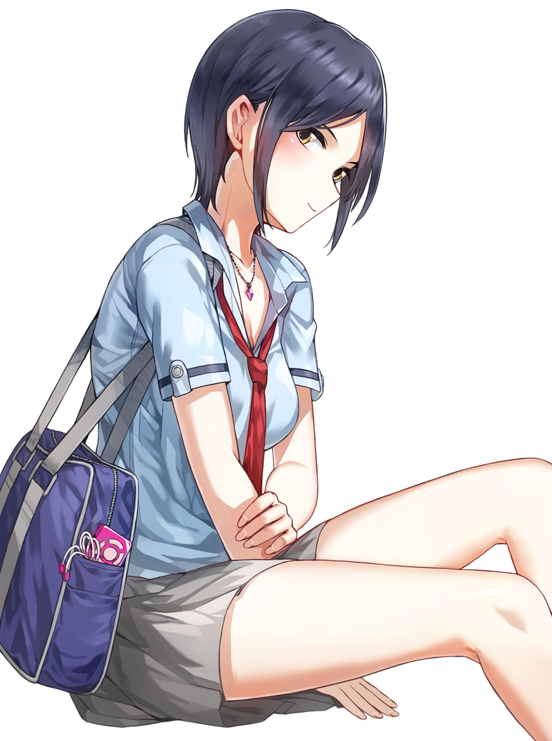 10s 1girl bag black_hair blue_shirt blush collarbone digital_media_player earphones female_focus gem grey_skirt handbag hayami_kanade idolmaster idolmaster_cinderella_girls ipod jewelry kfr looking_at_viewer necktie parted_bangs red_necktie shirt short_sleeves simple_background sitting skirt smile solo white_background yellow_eyes