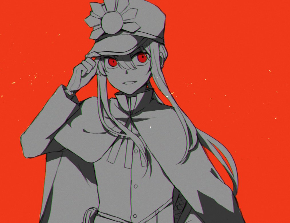 1boy adjusting_clothes adjusting_headwear arm_up belt center-flap_bangs cloak fate/grand_order fate_(series) floating_hair gloves hair_between_eyes hand_on_own_hip hat jacket katana kepi light_particles long_hair looking_at_viewer looking_up low_ponytail male_focus military_hat military_jacket military_uniform oda_nobukatsu_(fate) open_mouth ponytail red_background red_eyes sidelocks spot_color sword teramoto_kei upper_body weapon wide-eyed
