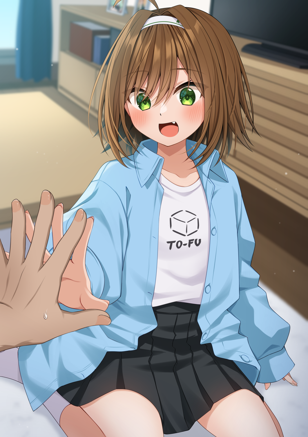 1boy 1girl :d ahoge black_skirt blue_jacket blurry blurry_background blush brown_hair commentary_request curtains day depth_of_field fang flat_screen_tv green_eyes hair_between_eyes hair_intakes hairband haru_(kuzuyu) highres indoors jacket komori_kuzuyu long_sleeves no_shoes open_clothes open_jacket open_mouth original pleated_skirt puffy_long_sleeves puffy_sleeves sitting skirt sleeves_past_wrists smile socks solo_focus television wariza white_hairband white_socks window