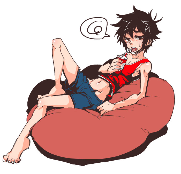 1boy barefoot baymax bean_bag_chair big_hero_6 black_eyes black_hair blue_shorts collarbone cropped_shirt cup drinking_straw haoro hiro_hamada holding holding_cup male_focus nail_polish navel pectoral_cleavage pectorals shirt short_hair shorts skinny sleeveless sleeveless_shirt solo spiked_hair spoken_squiggle squiggle sweatdrop toenail_polish toenails tongue tongue_out white_nails