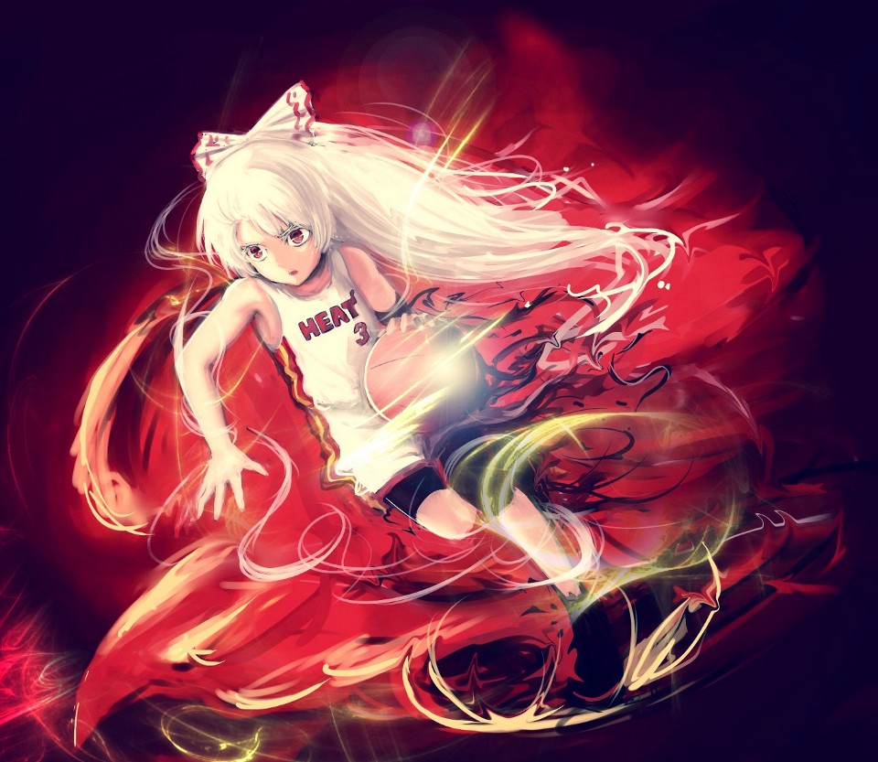 1girl bad_id bad_pixiv_id ball bare_shoulders basketball basketball_(object) basketball_uniform dwayne_wade dwyane_wade english_text female_focus fujiwara_no_mokou hair_ribbon koissa long_hair miami_heat national_basketball_association ponytail red_eyes red_theme ribbon solo sportswear tank_top touhou white_hair