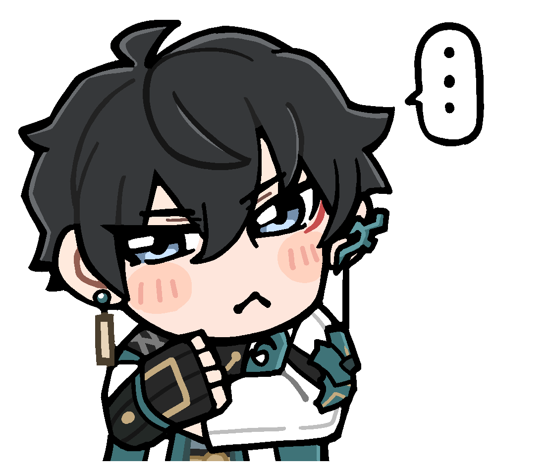 ... 1boy bkub black_gloves black_hair black_shirt blue_eyes blush_stickers chibi chibi_only closed_mouth dan_heng_(honkai:_star_rail) dan_heng_(hunt)_(honkai:_star_rail) earrings eyeliner fingerless_gloves frown gloves guest_art hair_between_eyes honkai:_star_rail honkai_(series) jacket jewelry makeup male_focus official_art red_eyeliner shirt short_hair simple_background solo speech_bubble spoken_ellipsis transparent_background white_jacket