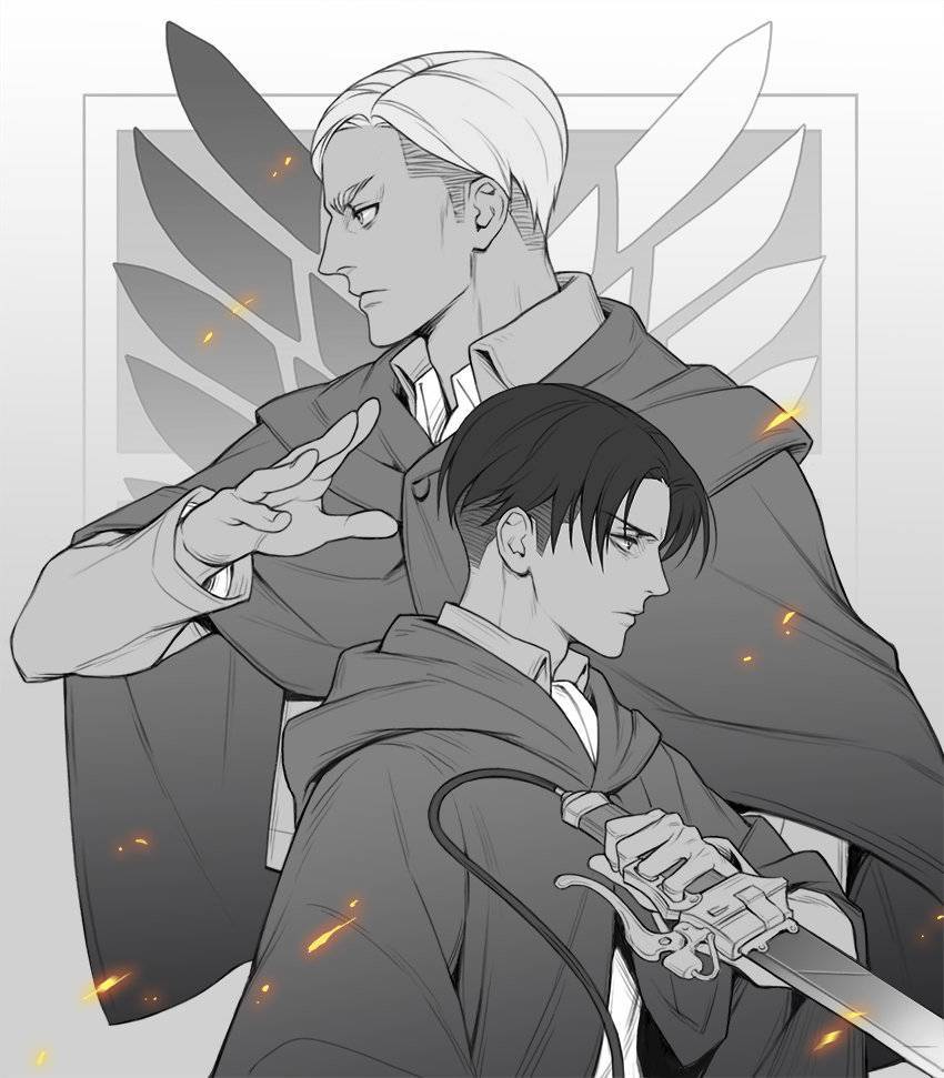 2boys arm_up chinese_commentary cloak closed_mouth collared_shirt commentary_request embers erwin_smith greyscale holding holding_weapon hood hood_down hooded_cloak levi_(shingeki_no_kyojin) long_sleeves male_focus monochrome multiple_boys profile rororei_zhu shingeki_no_kyojin shirt short_hair sideburns spot_color thick_eyebrows three-dimensional_maneuver_gear upper_body weapon wing_collar