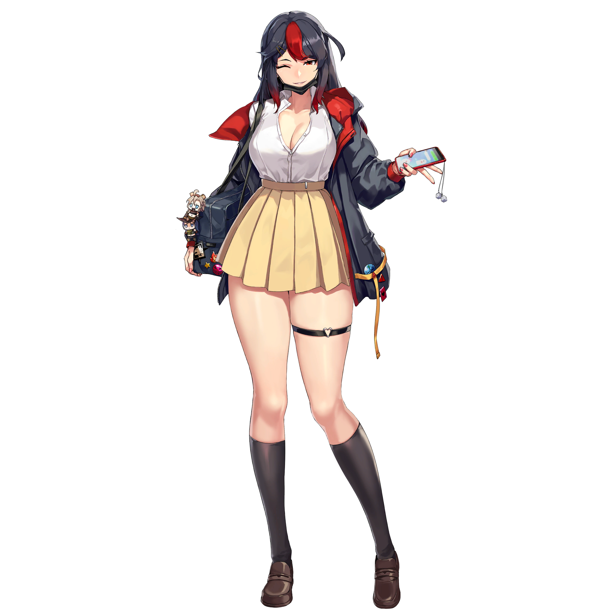 1girl ace_(playing_card) ace_of_hearts bag bare_legs black_hair black_jacket black_socks blue_bag breasts brown_shoes card character_doll cleavage collarbone collared_shirt colored_tips d-log dice doll earrings english_text full_body grin hair_ornament hairclip heart heart_o-ring highres holding holding_phone hood hooded_jacket hyena_(last_origin) jacket jewelry kneehighs knees_together_feet_apart large_breasts last_origin loafers long_hair looking_at_viewer mask miniskirt mouth_mask multicolored_hair multicolored_jacket nail_polish o-ring o-ring_thigh_strap official_alternate_costume official_art one_eye_closed open_clothes open_jacket partially_unbuttoned phone pin playing_card pleated_skirt red_eyes red_hair red_jacket red_nails salamander_(last_origin) school_uniform shirt shoes shoulder_bag sidelocks sign simple_background skirt smile socks solo standing star_pin streaked_hair stud_earrings surgical_mask tachi-e thick_thighs thigh_strap thighs third-party_source transparent_background two-tone_hair two-tone_jacket war_wolf_(last_origin) warning_sign white_shirt yellow_shirt