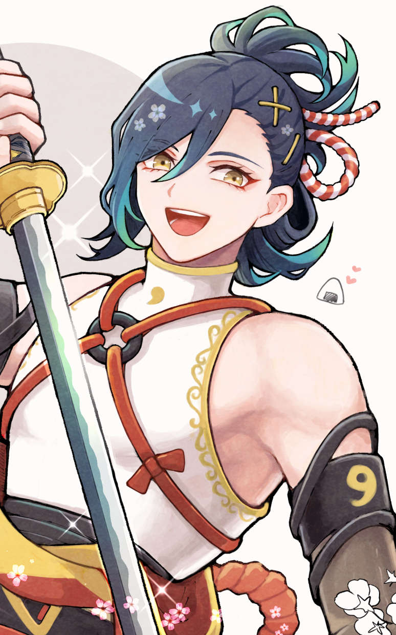 1boy bare_shoulders blue_hair detached_sleeves fire_emblem fire_emblem_engage hair_ornament highres holding holding_sword holding_weapon japanese_clothes kagetsu_(fire_emblem) kuhaha male_focus medium_hair nintendo smile solo sword teeth upper_teeth_only weapon yellow_eyes