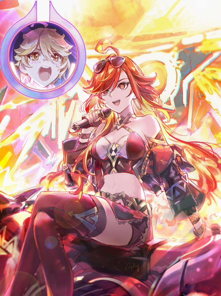 1boy 1girl aether_(genshin_impact) ahoge breasts chinese_commentary commentary_request crossed_legs crying csyday earrings fan_screaming_at_madison_beer_(meme) flamestrider_(genshin_impact) genshin_impact jewelry long_hair mavuika_(genshin_impact) meme motor_vehicle motorcycle multicolored_hair music on_motorcycle orange_eyes orange_hair red_hair screaming singing sitting smile symbol_in_eye teeth upper_teeth_only very_long_hair