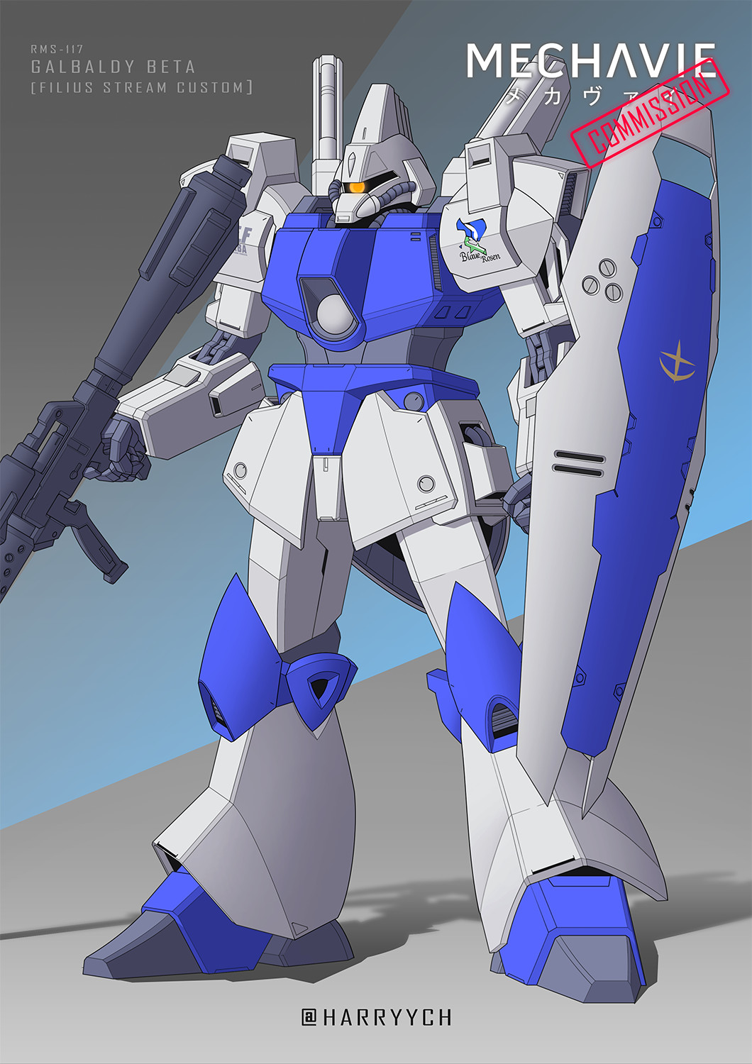 beam_rifle cable commentary commission earth_federation emblem energy_gun english_commentary galbaldy_beta gundam harryych highres hose machinery mecha mixed-language_commentary mobile_suit no_humans one-eyed robot roundel science_fiction shield signature tube weapon zeta_gundam