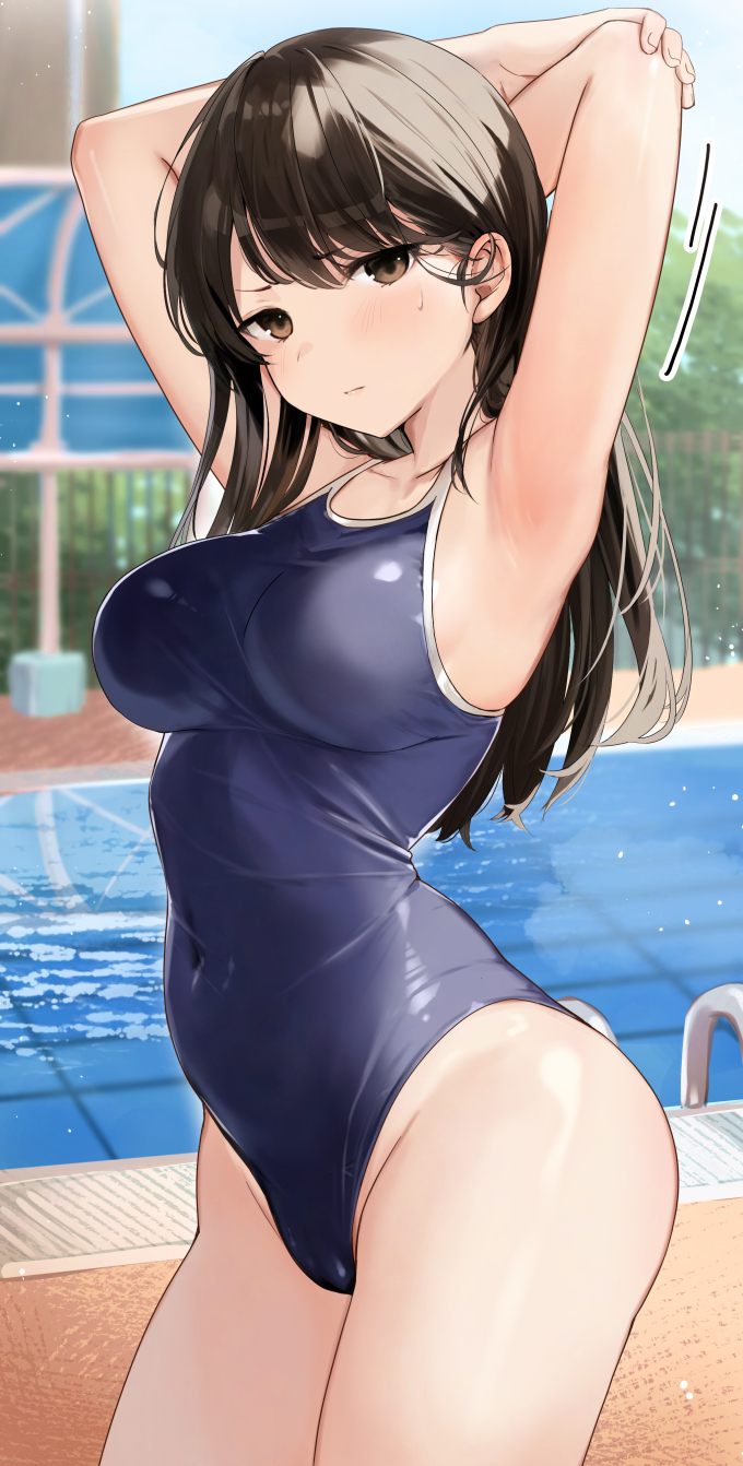 1girl armpits arms_up blue_sky breasts brown_eyes brown_hair closed_mouth collarbone commentary_request commission covered_navel day haru_(nakajou-28) highres large_breasts looking_at_viewer original outdoors poolside sky solo standing thighs water