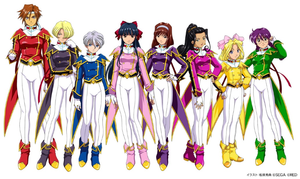 6+girls adjusting_eyewear anime_coloring aqua_eyes arms_at_sides artist_name belt black_belt black_hair blonde_hair blue_collar blue_eyes blue_footwear blue_hair blue_jacket blue_sleeve_cuffs blue_sleeves blunt_bangs blunt_ends bodysuit boots bow braid breasts brown_eyes brown_hair buttons child closed_mouth coattails collar collared_bodysuit collared_jacket company_name copyright_notice credits crossed_legs curly_ends curly_sidelocks dark-skinned_female dark_blue_hair dark_skin double-breasted earrings english_text everyone expressionless fingerless_gloves flower_division_uniform freckles glasses gloves gold_buttons gold_earrings green_collar green_eyes green_footwear green_jacket green_sleeve_cuffs green_sleeves grey_hair group_picture hair_between_eyes hair_bow hair_intakes hair_over_one_eye hairband half_updo hand_on_own_hip hand_on_own_leg hands_on_own_hips headband height_difference high_ponytail iris_chateaubriand jacket jewelry jpeg_artifacts kanzaki_sumire kirishima_kanna knees_together_feet_apart large_bow legs_apart legs_together light_brown_hair long_hair long_sidelocks low-braided_long_hair low-tied_long_hair low_twintails mandarin_collar maria_tachibana matsubara_hidenori medium_breasts medium_hair military_jacket military_uniform mole mole_under_eye multiple_girls official_art open_mouth pants parted_bangs parted_lips pink_boots pink_bow pink_collar pink_jacket pink_sleeve_cuffs pink_sleeves ponytail purple_collar purple_eyes purple_footwear purple_hair purple_jacket purple_sleeve_cuffs purple_sleeves red_bow red_collar red_footwear red_jacket red_ribbon red_sleeve_cuffs red_sleeves reni_milchstrasse ri_kouran ribbon rimless_eyewear round_eyewear sakura_taisen sakura_taisen_ii second-party_source sega shinguuji_sakura short_hair sidelocks simple_background sleeve_cuffs smile soletta_orihime standing straight_hair tachi-e tall_female tareme tight_clothes tight_pants translated tsurime twin_braids twintails wavy_hair white_background white_bodysuit white_hairband white_headband white_pants yellow_boots yellow_collar yellow_jacket yellow_sleeve_cuffs yellow_sleeves yellow_trim