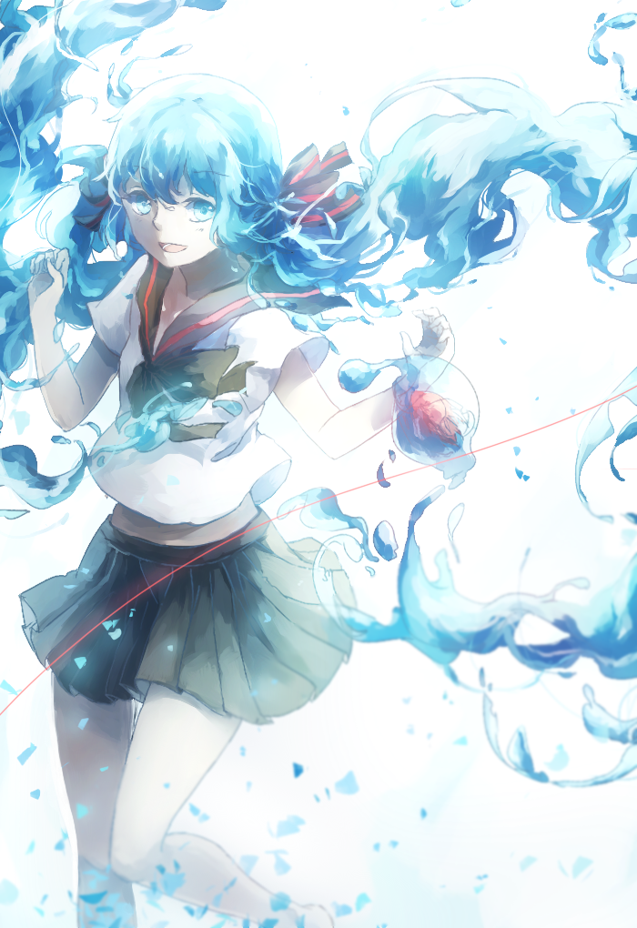 1girl bad_id bad_pixiv_id blue_eyes blue_hair bottle_miku domik female_focus fish hair_ribbon hatsune_miku liquid_hair long_hair matching_hair/eyes open_mouth ribbon school_uniform skirt solo twintails vocaloid water