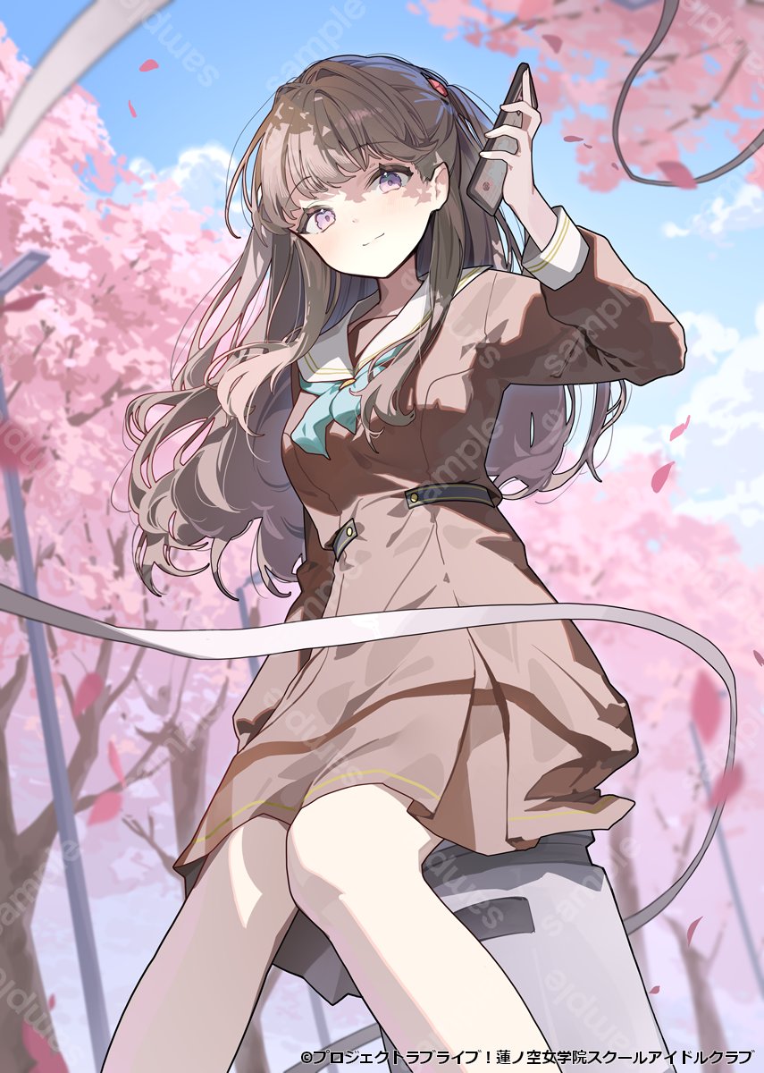 1girl 4th_live_dream_~bloom_the_dream_believers~ aqua_neckerchief blue_sky breasts brown_dress brown_hair cellphone cherry_blossoms closed_mouth cloud commentary_request copyright_notice day dress falling_petals feet_out_of_frame fujishima_megumi grey_ribbon hair_intakes hasu_no_sora_school_uniform highres holding holding_phone link!_like!_love_live! long_hair long_sleeves looking_at_viewer love_live! medium_breasts medium_dress neckerchief ningen_mame official_art outdoors petals phone pink_petals pleated_dress purple_eyes sailor_collar sailor_dress sample_watermark school_uniform shadow sitting sky smartphone smile solo split_mouth two_side_up virtual_youtuber watermark watermark_grid white_sailor_collar winter_uniform