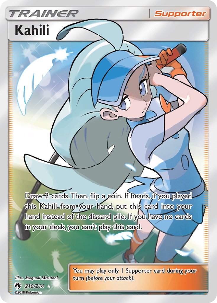 1girl ahoge artist_name blue_eyes blue_hair blue_hat blue_shirt blue_skirt card_(medium) character_name closed_mouth company_name copyright_name copyright_notice english_text eyelashes feathers gloves golf_club hat holding holding_golf_club kahili_(pokemon) long_hair mizutani_megumi mole mole_under_eye nintendo official_art orange_gloves orange_socks pokemon pokemon_card pokemon_sm pokemon_tcg shirt short_sleeves single_glove skirt socks solo sparkle third-party_source trading_card visor_cap