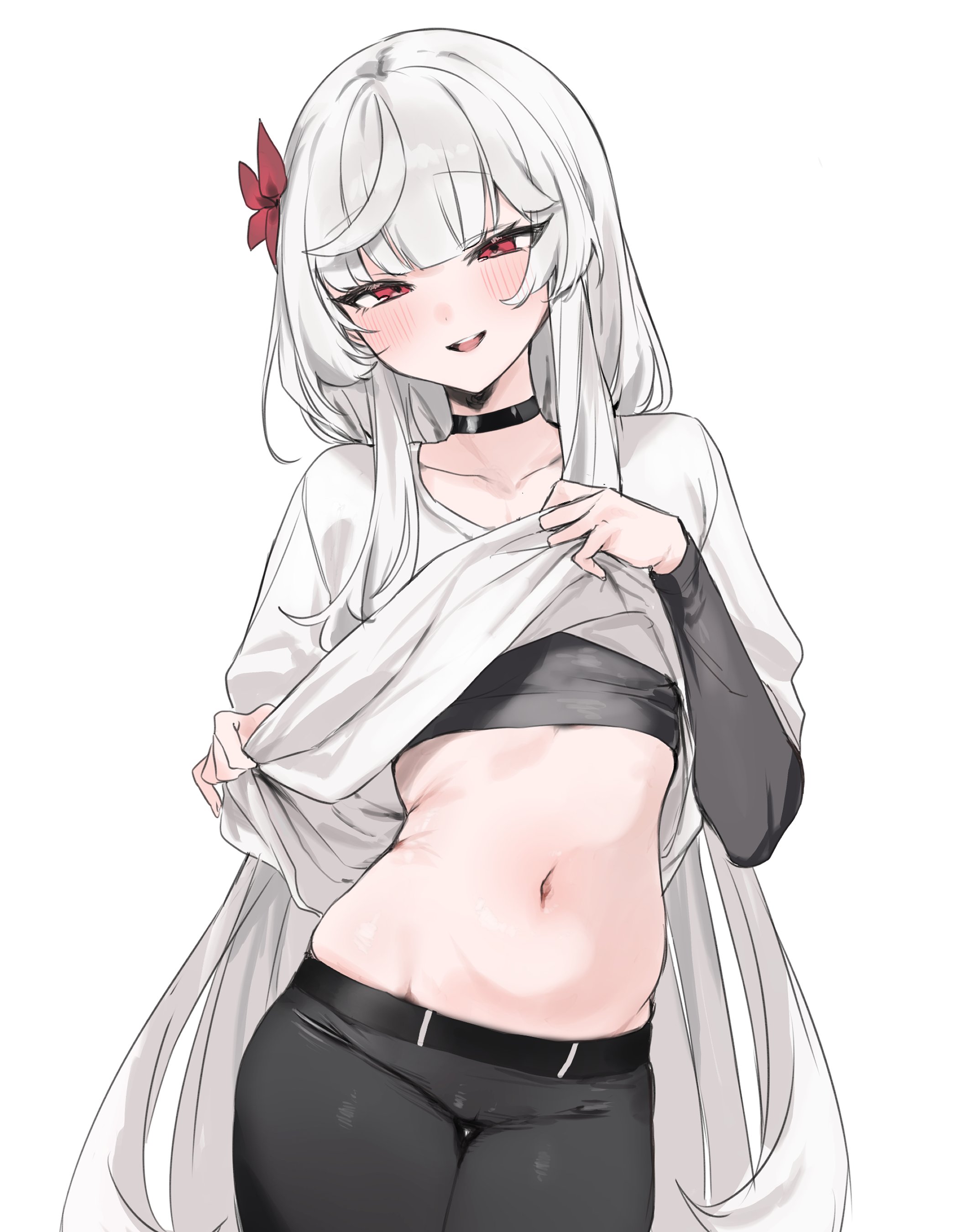 1girl absurdres belly black_choker black_pants black_shirt blush choker clothes_lift commission flower funyo_(masa) hair_between_eyes hair_flower hair_ornament highres lifting_own_clothes long_hair long_sleeves looking_at_viewer lowleg lowleg_pants maxine_poshon navel open_mouth original pale_skin pants red_eyes second-party_source shirt shirt_lift shirt_under_shirt skeb_commission smile solo stomach teeth thigh_gap upper_teeth_only very_long_hair white_background white_hair white_shirt