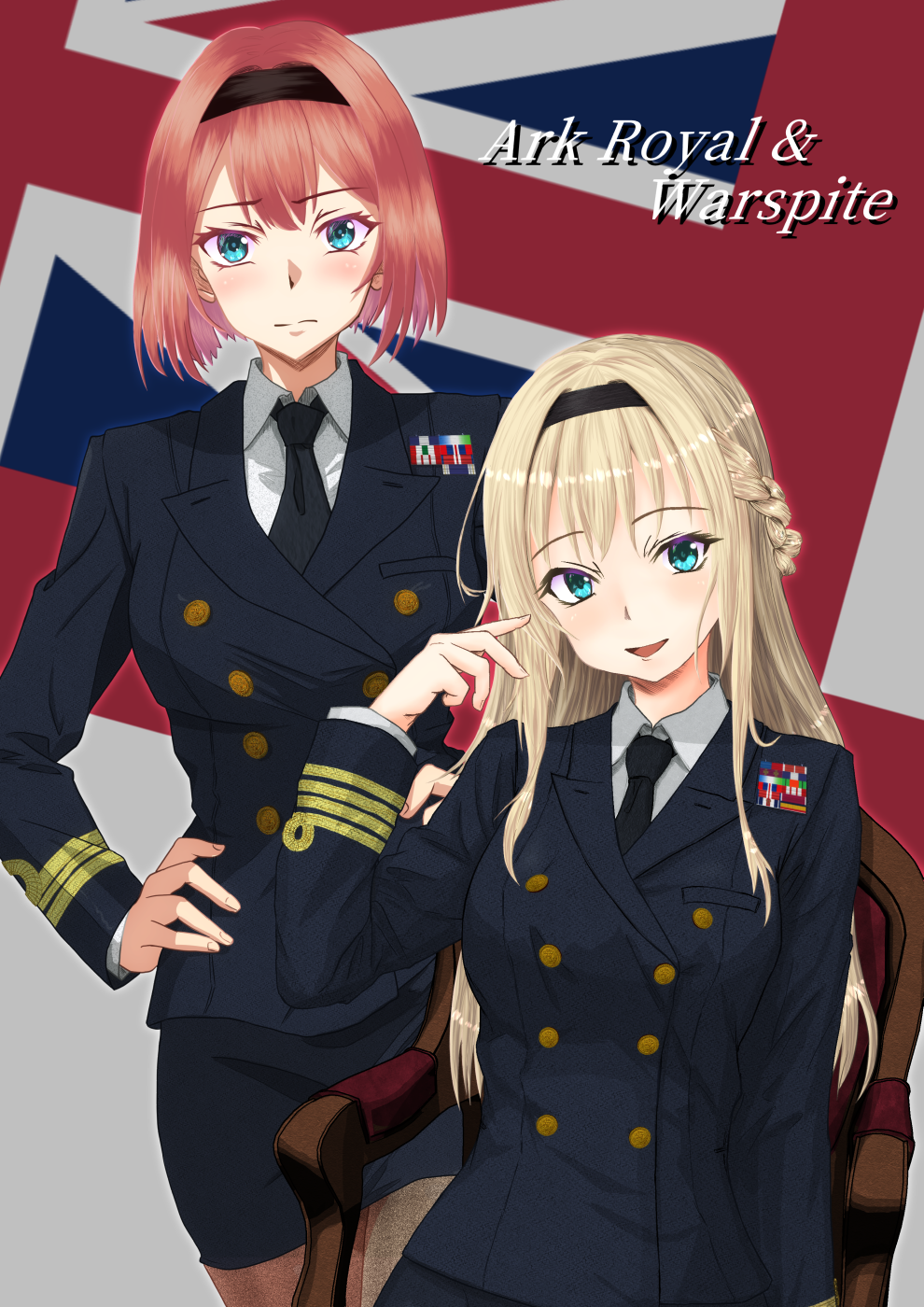 2girls alternate_costume ark_royal_(kancolle) black_hairband black_jacket black_necktie black_skirt blonde_hair blue_eyes bob_cut braid breasts buttons closed_mouth collared_shirt commentary_request cowboy_shot double-breasted english_text flag_background hair_between_eyes hairband half_up_braid hand_on_own_hip highres hisamatomoki jacket kantai_collection long_hair long_sleeves looking_at_viewer medium_breasts military_dress_uniform military_rank_insignia military_uniform miniskirt multiple_girls naval_dress_uniform naval_uniform necktie pantyhose red_hair ribbon_bar royal_navy shirt short_hair skirt solo very_long_hair warspite_(kancolle) white_ensign white_shirt