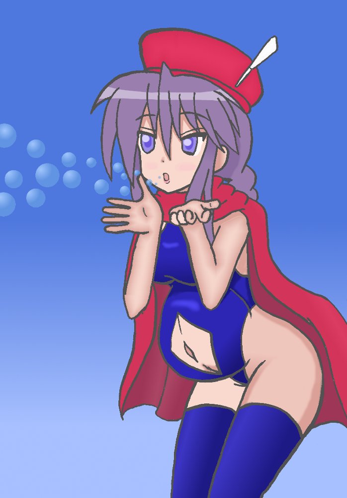 1girl blue_leotard blue_mage_(final_fantasy) blue_socks breasts bubble highleg highleg_leotard hiiragi_miki leotard lucky_star pregnant socks