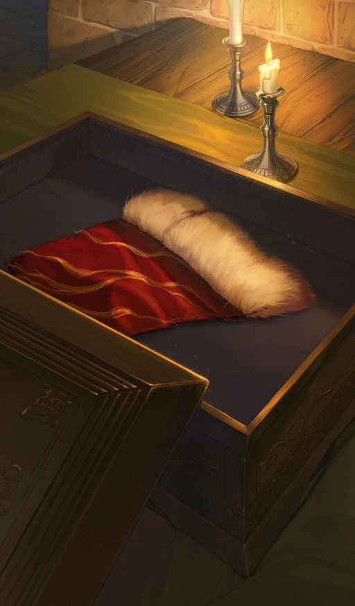 box candle candlelight candlestand cape commentary fate/grand_order fate_(series) fire fur-trimmed_cape fur_trim in_box in_container indoors lid moryo no_humans object_focus official_art open_box red_cape still_life third-party_source unworn_cape