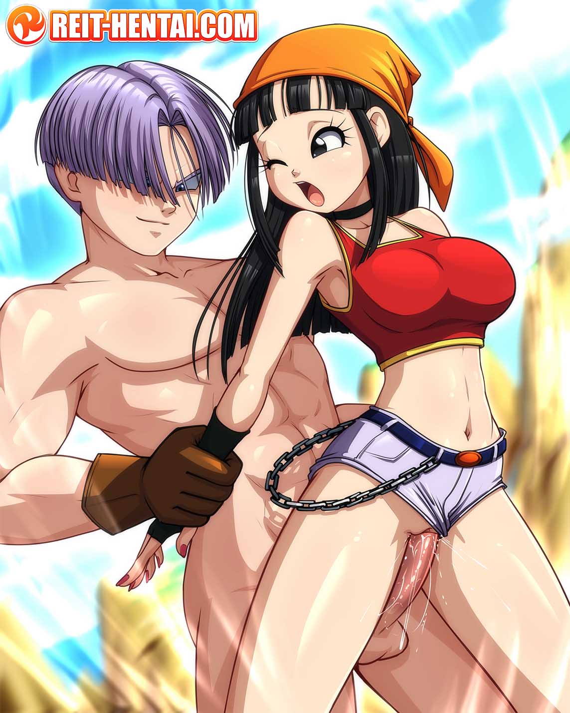 reit, pan (dragon ball), trunks (dragon ball), dragon ball, dragon ball gt,  highres, 1boy, 1girl, aged up, bandana, black eyes, black hair, breasts,  clothed sex, clothing aside, denim, denim shorts, hetero, large
