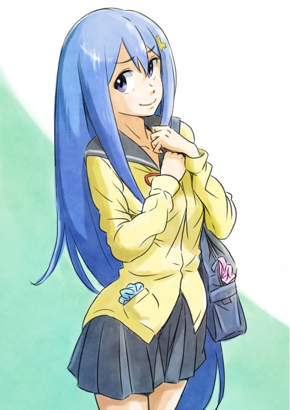 10s 1girl alpaca_hair_ornament bag bandou_marimo black_skirt blue_hair collarbone female_focus hair_ornament handbag jitsusan long_hair long_sleeves looking_away pleated_skirt purple_eyes school_uniform serafuku skirt smile solo teekyuu upper_body very_long_hair