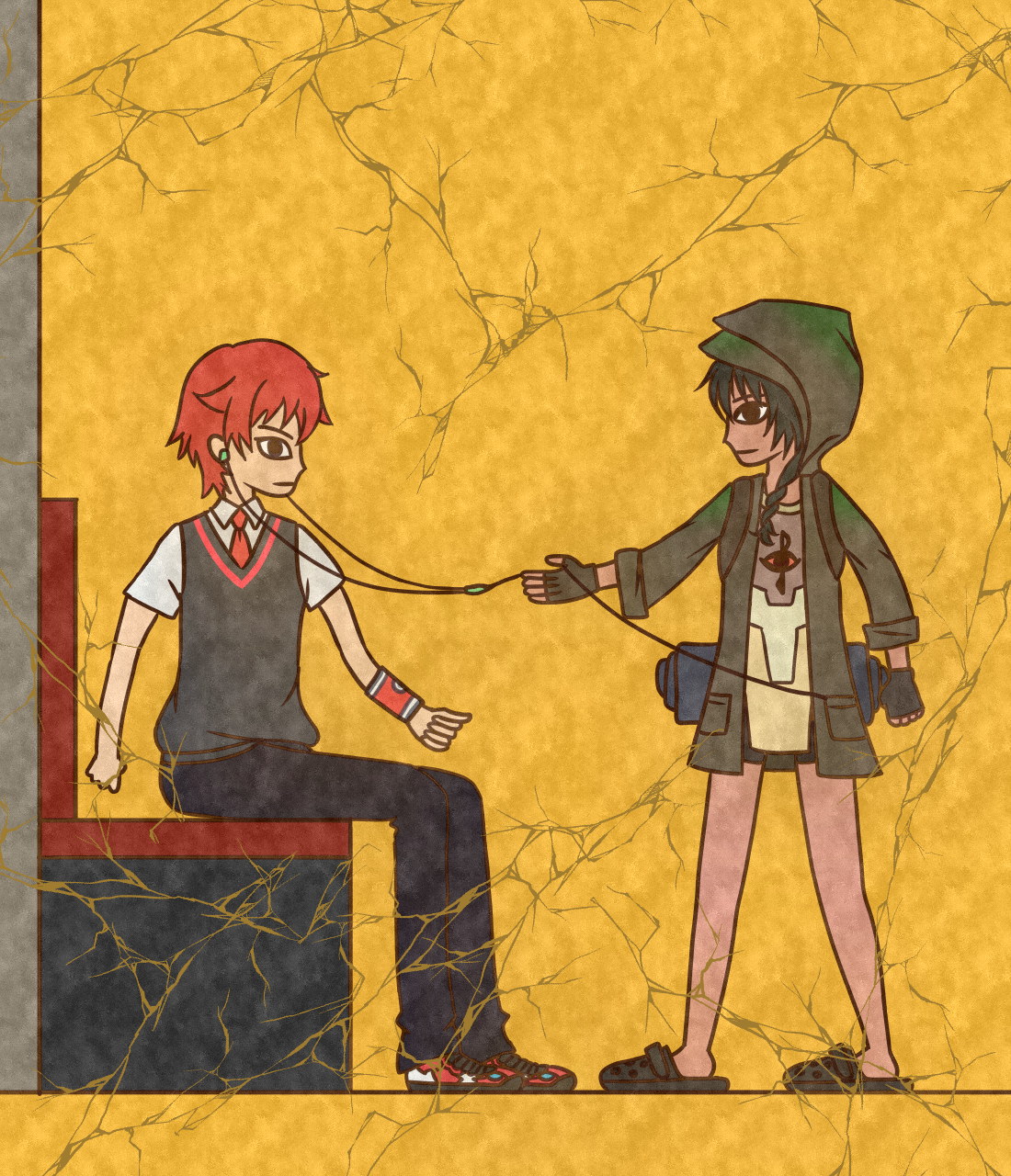 10s 1boy 1girl anoshiras_ii arm_up backpack bag bike_shorts black_gloves black_hair black_pants black_shorts blue_eyes braid collared_shirt commentary_request couple crack earbuds earphones egyptian_art fingerless_gloves gloves green_jacket gridman_universe hetero hibiki_yuuta highres hood hood_up hooded_jacket jacket kita_(7kita) long_hair low_twintails necktie open_clothes open_jacket open_mouth pants red_hair red_neckwear school_uniform shirt shoes short_hair short_sleeves shorts sneakers ssss.gridman twintails vest waistcoat white_shirt wing_collar yellow_background