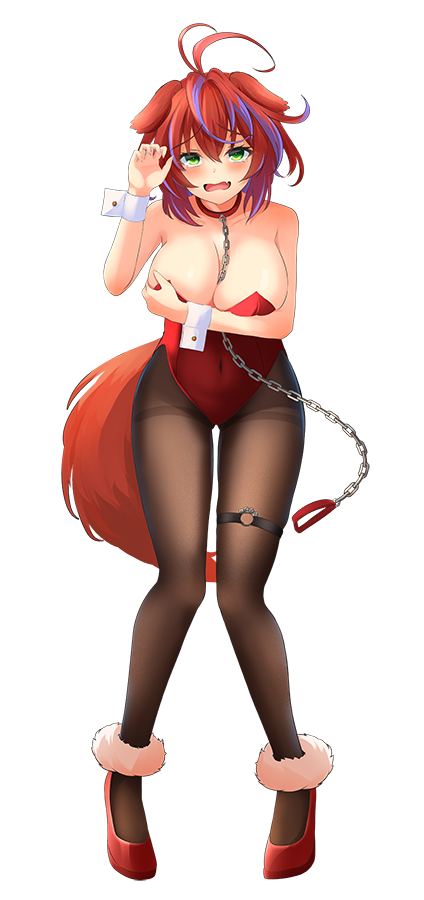 1girl akane_canna alternate_costume animal_ears antenna_hair arm_under_breasts blush breasts brown_pantyhose bunny_day chain chain_leash claw_pose commentary_request dog_ears dog_tail fake_animal_ears fake_tail fang full_body fur_anklet green_eyes hair_between_eyes high_heels kirakira_620 large_breasts leaning_forward leash leotard looking_at_viewer multicolored_hair nanashi_inc. o-ring o-ring_thigh_strap open_mouth pantyhose purple_hair red_footwear red_hair short_hair simple_background solo standing strapless strapless_leotard streaked_hair tail thigh_strap transparent_background two-tone_hair virtual_youtuber wrist_cuffs