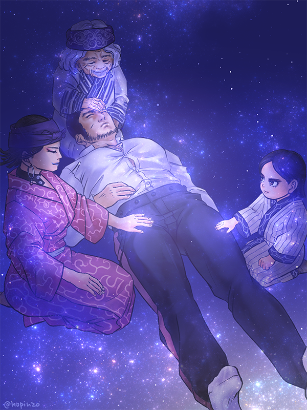 2boys 2girls ainu ainu_clothes beard black_hair bursting_pectorals buzz_cut character_request chest_hair facial_hair from_above glowing golden_kamuy hand_on_another&#039;s_face hand_on_another&#039;s_leg hand_on_another&#039;s_thigh inkarmat large_pectorals long_sideburns lying mature_male multiple_boys multiple_girls muscular muscular_male nopinzo old old_woman on_back pectorals short_hair sideburns sky star_(sky) star_(symbol) starry_sky starry_sky_background tanigaki_genjirou thick_thighs thighs very_short_hair