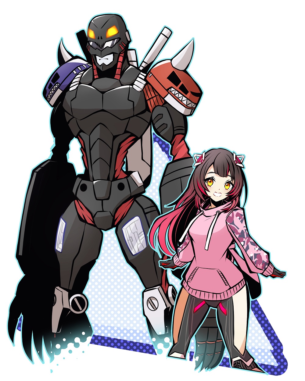 1boy 1girl android claws digimon digimon_(creature) hiandromon highres long_hair smile