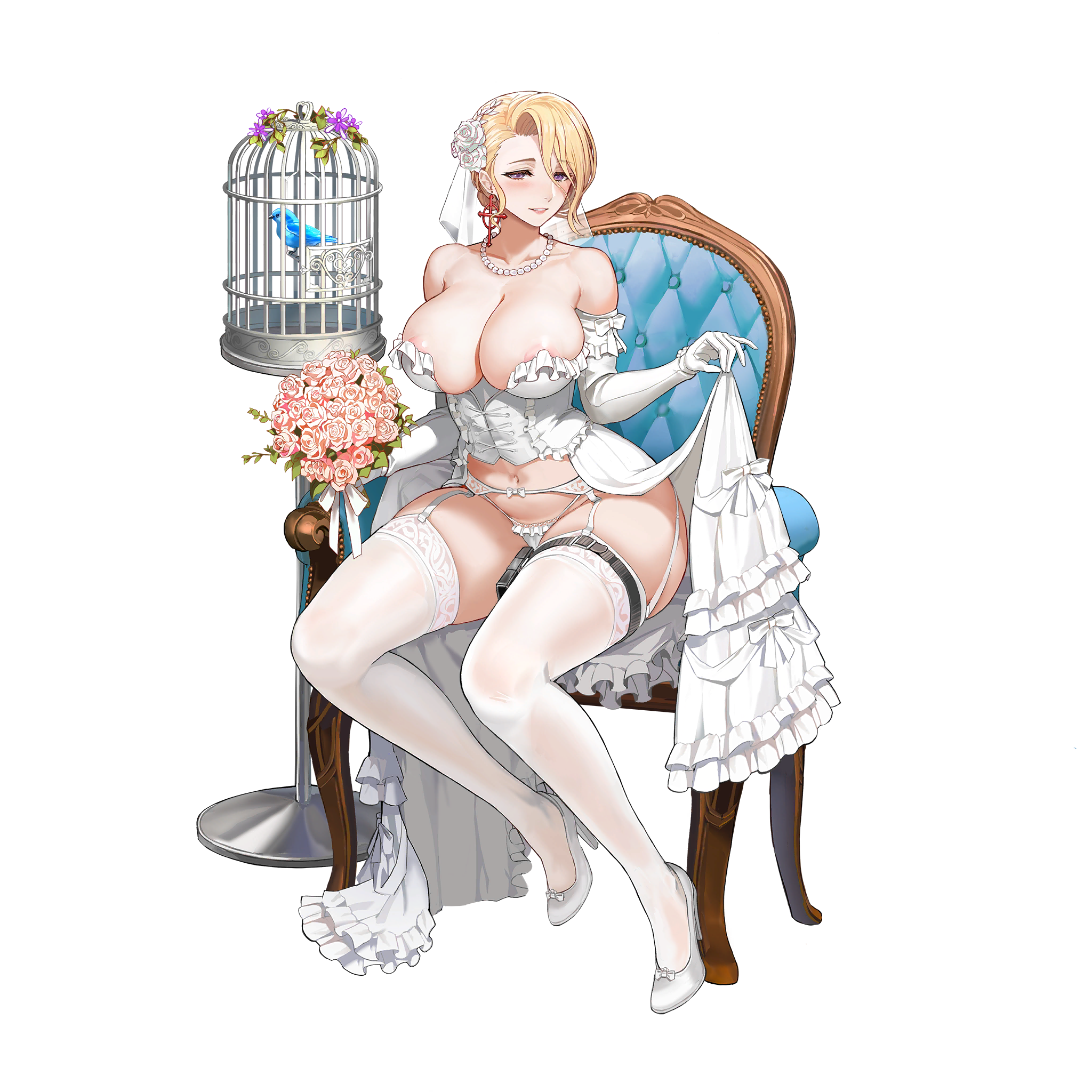1girl amy_razor bare_shoulders bird blonde_hair bouquet breasts bridal_lingerie bridal_veil bride cage chair cleavage corset dress earrings elbow_gloves flower full_body game_cg garter_belt garter_straps gloves hair_between_eyes high_heels highres jewelry large_breasts last_origin lingerie looking_at_viewer mature_female navel necklace official_art open_clothes open_dress panties pearl_necklace purple_eyes sitting skirt_hold smile solo tachi-e taesi thighhighs transparent_background underwear veil wedding_dress white_gloves white_panties white_thighhighs