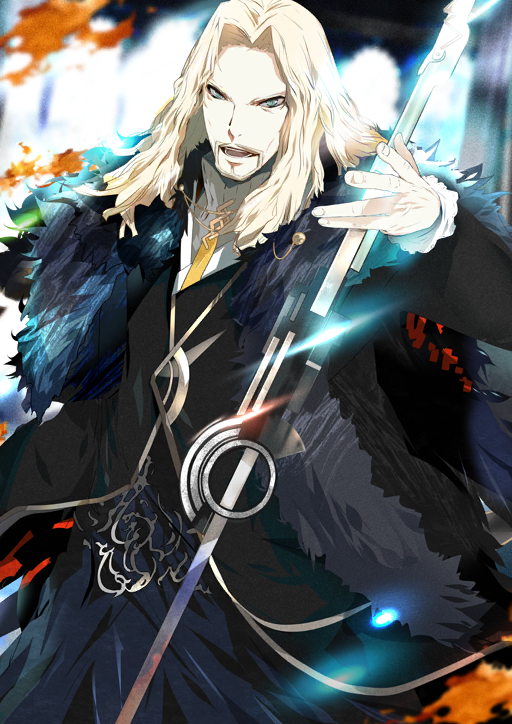 1boy black_coat blonde_facial_hair blonde_hair capelet coat cowboy_shot curtained_hair facial_hair fate/grand_order fate_(series) fur_capelet goatee holding holding_polearm holding_weapon kazikli_bey_(fate/apocrypha) long_hair long_sleeves looking_at_viewer maeda_hirotaka male_focus mustache official_art open_mouth polearm solo sweater third-party_source turtleneck turtleneck_sweater v-shaped_eyebrows vlad_iii_(fate/apocrypha) weapon white_sweater