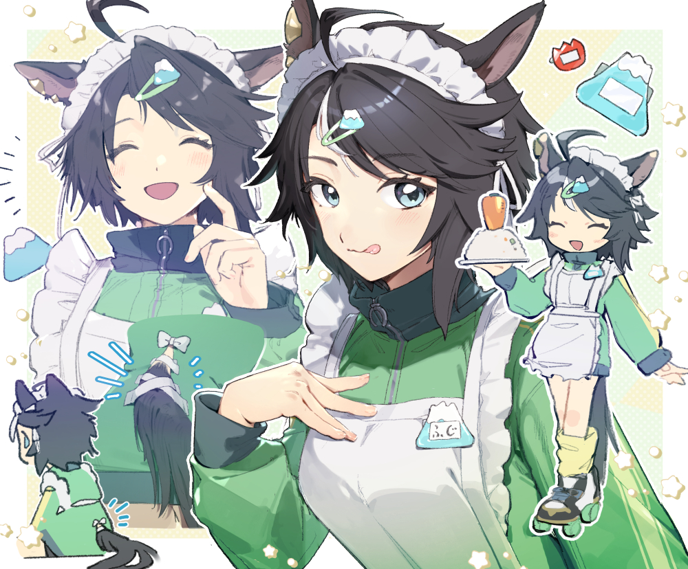 1girl :q ^_^ ahoge alternate_costume animal_ears apron black_hair blush bow chibi chibi_inset closed_eyes clothing_cutout commentary earclip enmaided facing_viewer fingernails food fuji_kiseki_(umamusume) full_body green_jacket hair_ornament hairclip hand_up holding holding_plate horse_ears horse_girl horse_tail jacket jersey_maid long_sleeves looking_at_viewer lower_body maid maid_headdress michia_(bourgognepony) miniskirt multicolored_hair multiple_views name_tag outstretched_arm parted_bangs plate roller_skates sitting skates skating skirt sleeves_past_wrists smile standing tail tail_through_clothes tongue tongue_out track_jacket two-tone_hair umamusume unconventional_maid upper_body waitress white_apron white_bow white_hair zipper zipper_pull_tab