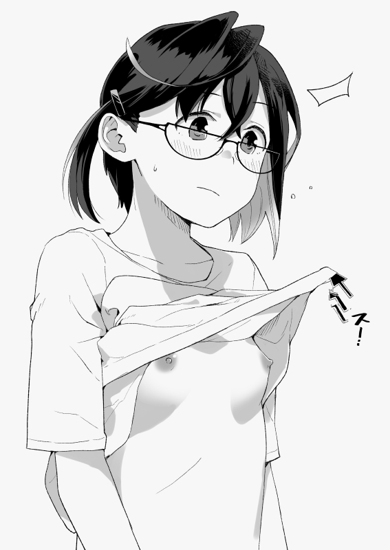 1girl arrow_(symbol) asymmetrical_hair blush breasts closed_mouth clothes_lift commentary_request flying_sweatdrops glasses greyscale hair_between_eyes hair_ornament hairclip kantai_collection lifting_another&#039;s_clothes makio_(makiomeigenbot) monochrome nipples okinami_(kancolle) shirt_lift short_hair simple_background small_breasts solo sweat