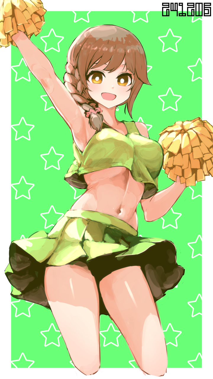 1girl alternate_costume arm_up armpits blush border braid breasts bright_pupils brown_hair cheerleader commentary_request cropped_legs cropped_shirt dated green_background green_shirt green_skirt highres holding holding_pom_poms idolmaster idolmaster_cinderella_girls koitusmile linea_alba medium_breasts miniskirt navel pleated_skirt pom_pom_(cheerleading) pom_poms senkawa_chihiro shirt skirt sleeveless sleeveless_shirt smile solo star_(symbol) star_symbol_background thighs white_border white_pupils