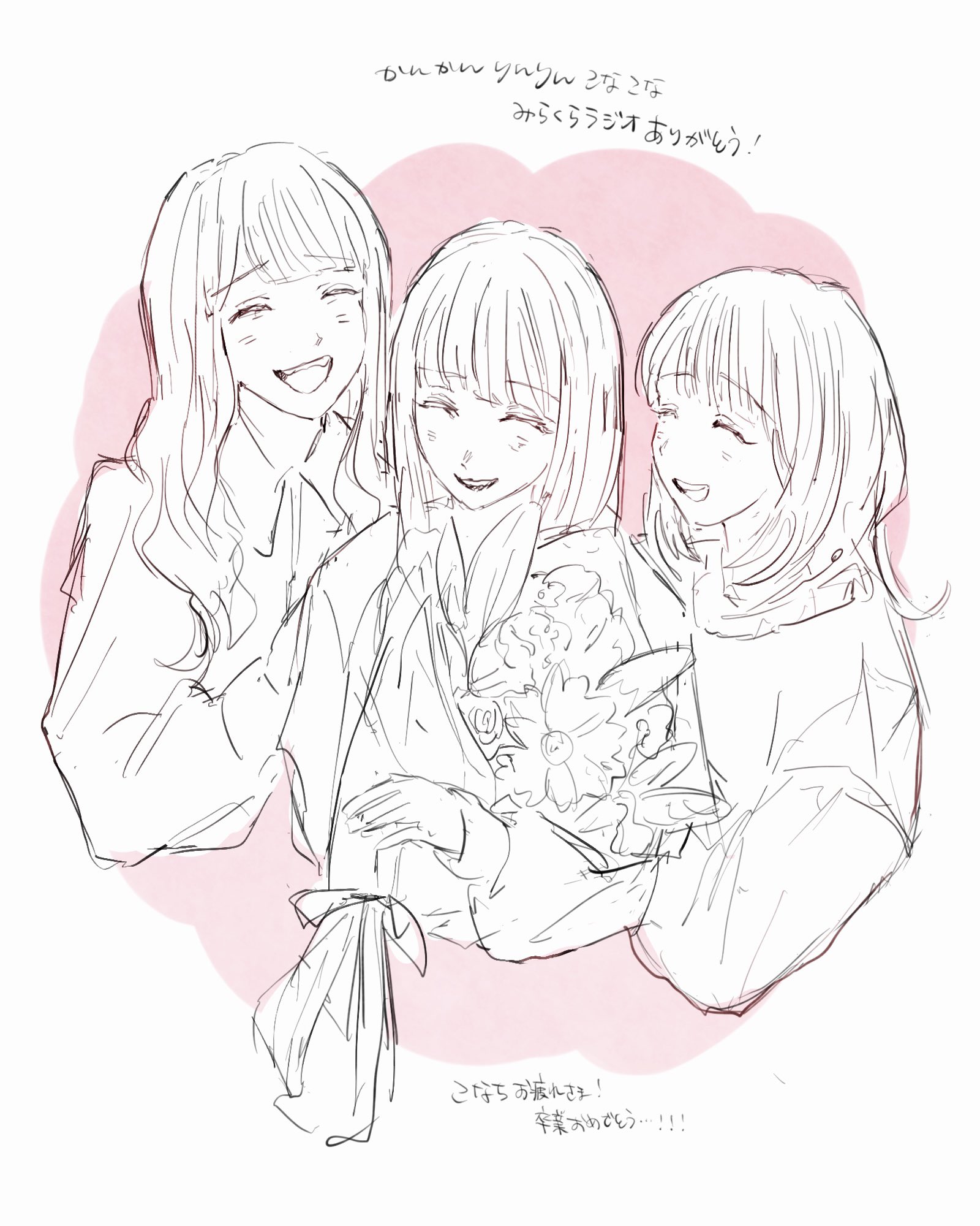 3girls animification blunt_bangs bouquet collared_shirt flower greyscale_with_colored_background highres holding holding_bouquet kan_kanna kurusu_rin link!_like!_love_live! long_hair long_sleeves love_live! mira-cra_park! multiple_girls pink_background real_life shirt simple_background translation_request tsukine_kona voice_actor wavy_hair yam5565