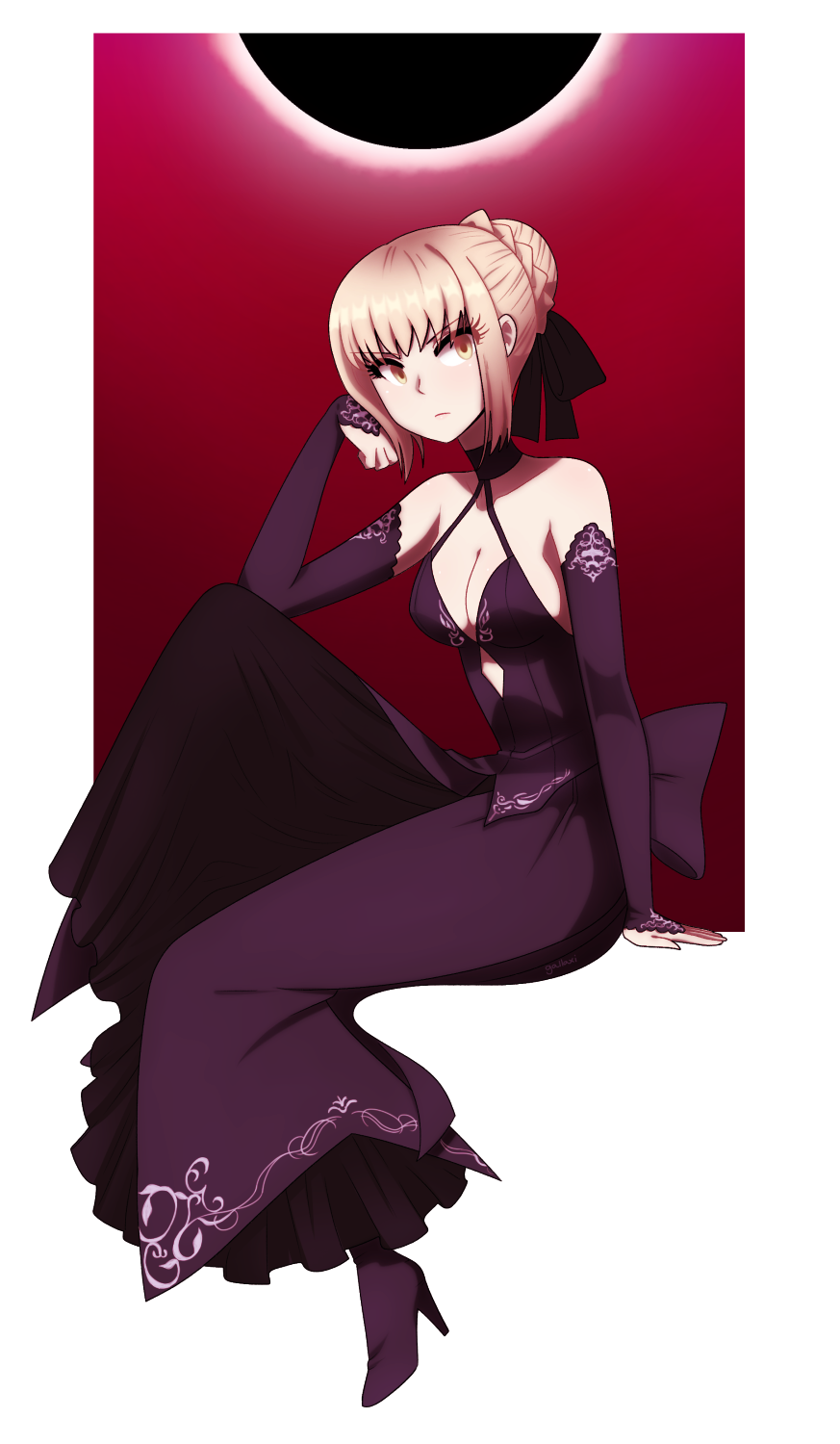 1girl back_bow black_bow black_dress black_gloves blonde_hair bow breasts bun_with_braided_base cleavage closed_mouth clothing_cutout dress elbow_gloves expressionless fate/grand_order fate/stay_night fate_(series) gallaxi gloves hair_bow hair_bun hand_on_own_cheek hand_on_own_face heaven&#039;s_feel high_heels highres looking_to_the_side medium_breasts moon red_sky saber_alter sitting sky solo stomach_cutout transparent_background yellow_eyes