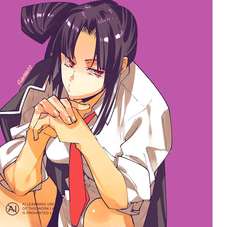 1girl black_jacket collared_shirt fate/grand_order fate_(series) hair_bun jacket looking_at_viewer necktie non-web_source parted_bangs purple_eyes shirt simple_background sitting source_request taira_no_kagekiyo_(fate) ushiwakamaru_(fate) white_shirt