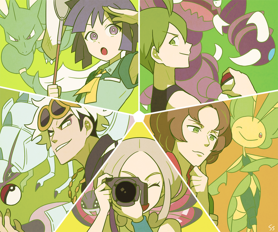 1girl 4boys :o aaron_(pokemon) bright_pupils brown_hair bugsy_(pokemon) burgh_(pokemon) butterfly_net camera creature drapion elite_four gen_1_pokemon gen_4_pokemon gen_5_pokemon gen_6_pokemon gen_7_pokemon golisopod green_background green_eyes grin guzma_(pokemon) gym_leader hand_net holding holding_butterfly_net holding_camera holding_poke_ball leavanny looking_at_viewer looking_to_the_side medium_hair multiple_boys nintendo one_eye_closed orange_background parted_bangs poke_ball poke_ball_(basic) pokemon pokemon_(creature) pokemon_bw pokemon_dppt pokemon_hgss pokemon_sm pokemon_xy profile purple_eyes purple_hair scyther signature smile ssalbulre viola_(pokemon) vivillon vivillon_(meadow) white_hair yellow_background