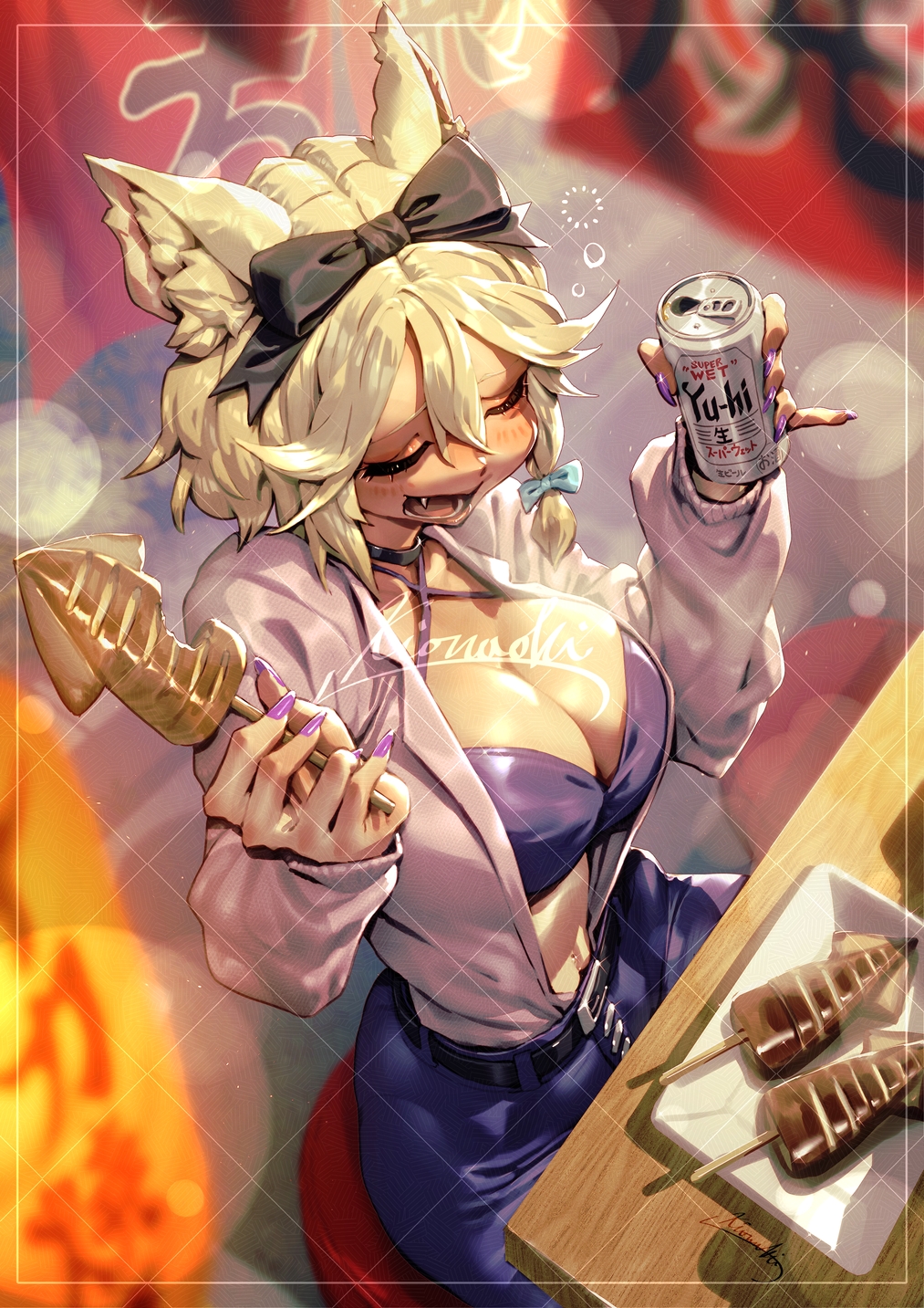 1girl animal_ear_fluff animal_ears beer_can belt black_belt black_bow black_choker blurry blurry_background bow breasts can cat_ears choker cleavage closed_eyes commission criss-cross_halter drink_can fang food hair_between_eyes hair_bow halterneck highres holding holding_can holding_food ikayaki kionaoki large_breasts open_clothes open_mouth open_shirt original purple_nails purple_skirt signature sitting skeb_commission skirt solo watermark watermark_grid