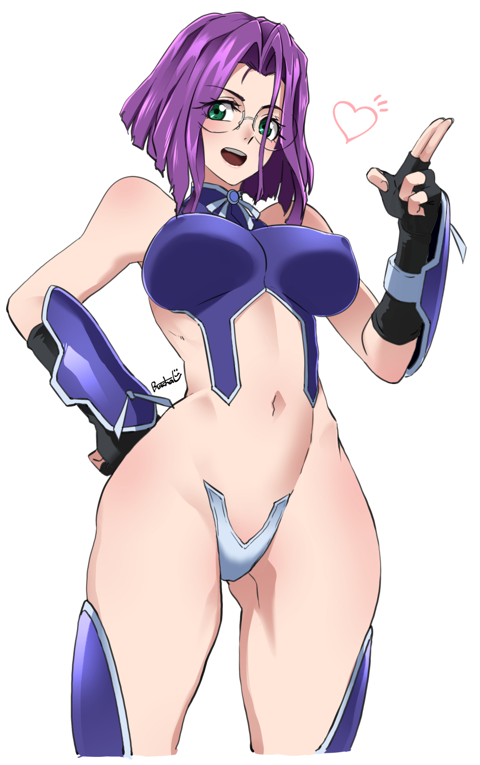 1girl artist_name breasts butcha-u c-string character_request covered_erect_nipples fingerless_gloves glasses gloves hand_on_own_hip hayama_shizuka heart highres hikari_to_mizu_no_daphne large_breasts legs looking_at_viewer maebari navel open_mouth salute short_hair smile solo strapless_bottom teeth thighs toned tongue two-finger_salute