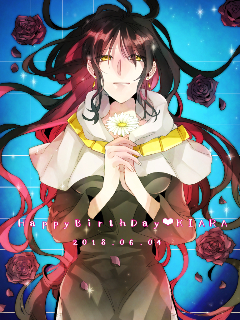 1girl 2018 black_dress black_hair breasts buddhist_nun character_name closed_eyes colored_inner_hair commentary dated dress earrings fate/extra fate/extra_ccc fate_(series) flower happy_birthday heart holding holding_flower hood hood_down jewelry kiiya_(torotti) long_hair medium_breasts multicolored_hair pink_hair red_flower red_rose rose sessyoin_kiara sparkle_background two-tone_hair yellow_eyes