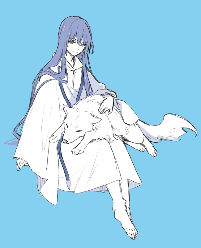 1other animal animal_on_lap barefoot blue_background closed_mouth enkidu_(fate) fate/strange_fake fate_(series) hair_between_eyes hood hood_down isshoku_(shiki) long_hair long_sleeves on_lap petting simple_background sitting smile wide_sleeves wolf wolf_(fate)