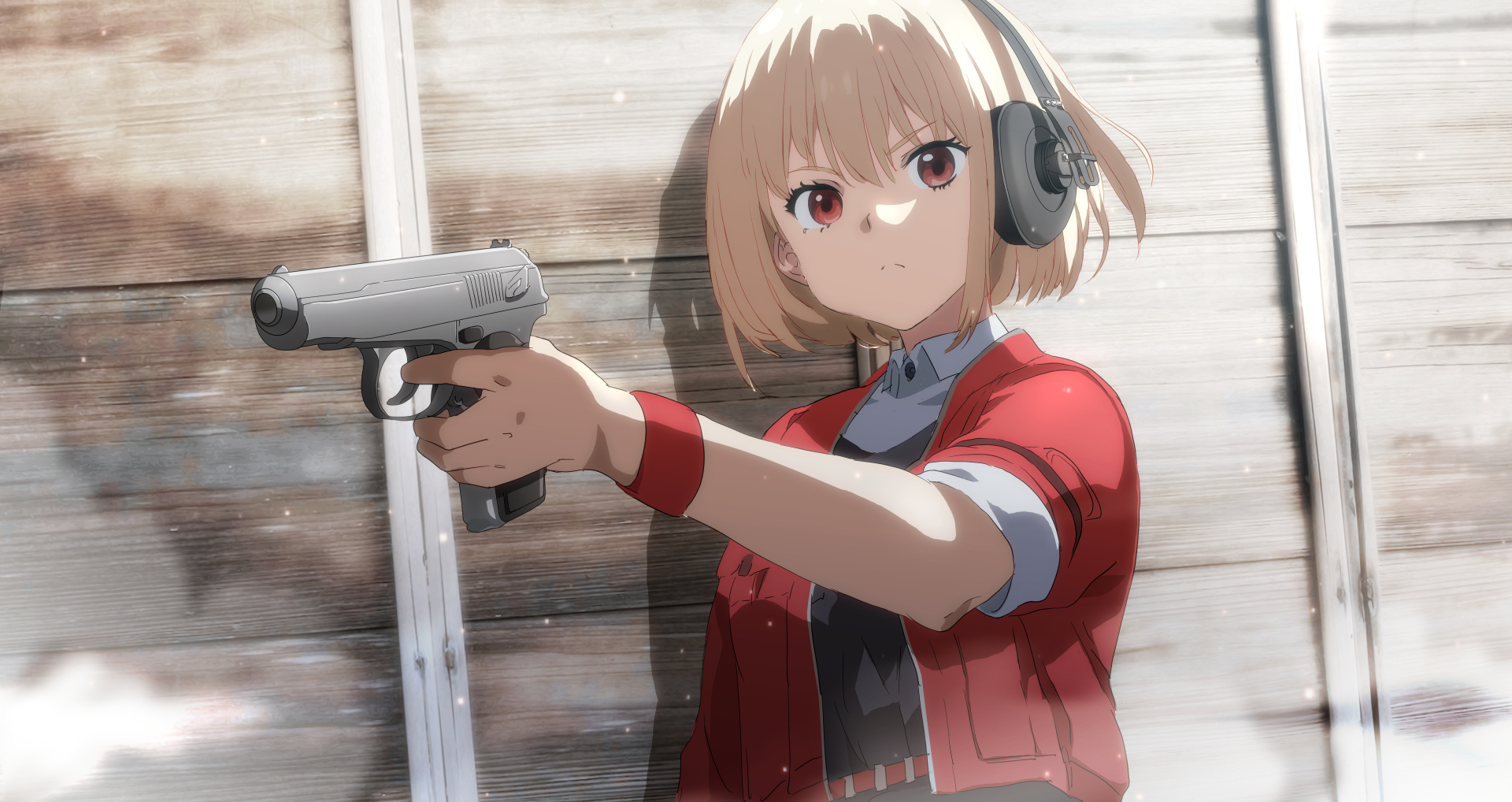1girl black_vest blonde_hair bob_cut closed_mouth gun handgun headphones highres jacket looking_at_viewer lycoris_recoil makarov_pm nishikigi_chisato open_clothes open_jacket red_eyes red_jacket short_hair sleeves_rolled_up solo upper_body vest washu_junkyu weapon