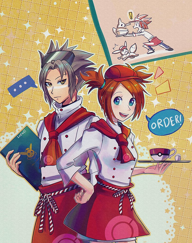 ... 1boy 1girl alternate_costume apron blush buttons closed_mouth commentary cup eevee eyelashes facial_mark gen_1_pokemon green_eyes hat holding holding_tray lopuii nintendo open_mouth parted_bangs poke_ball_print pokemon pokemon_(creature) pokemon_cafe_remix pokemon_colosseum red_apron red_headwear rui_(pokemon) shirt smile sparkle speech_bubble spoken_ellipsis teeth tongue tray two_side_up waist_apron wes_(pokemon) white_shirt