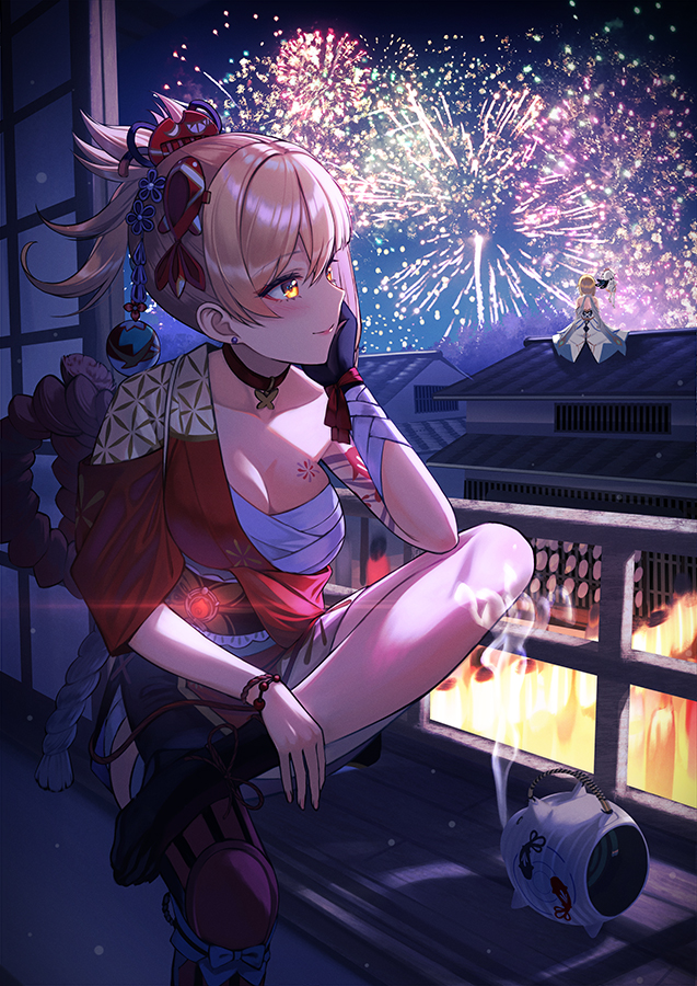3girls architecture arm_tattoo black_choker black_gloves blonde_hair bracelet breasts chest_sarashi chest_tattoo choker cleavage closed_mouth crossed_ankles dress earrings east_asian_architecture fireworks floating genshin_impact gloves glowing hadanugi_dousa hair_ornament head_rest incense japanese_clothes jewelry kimono lantern large_breasts lumine_(genshin_impact) medium_hair multiple_girls night night_sky on_roof open_clothes open_kimono orange_kimono paimon_(genshin_impact) paper_lantern ponytail rope sarashi scarf shimenawa single_glove sitting sitting_on_roof sky smile stud_earrings tattoo unowen vision_(genshin_impact) white_dress white_scarf yellow_eyes yoimiya_(genshin_impact)