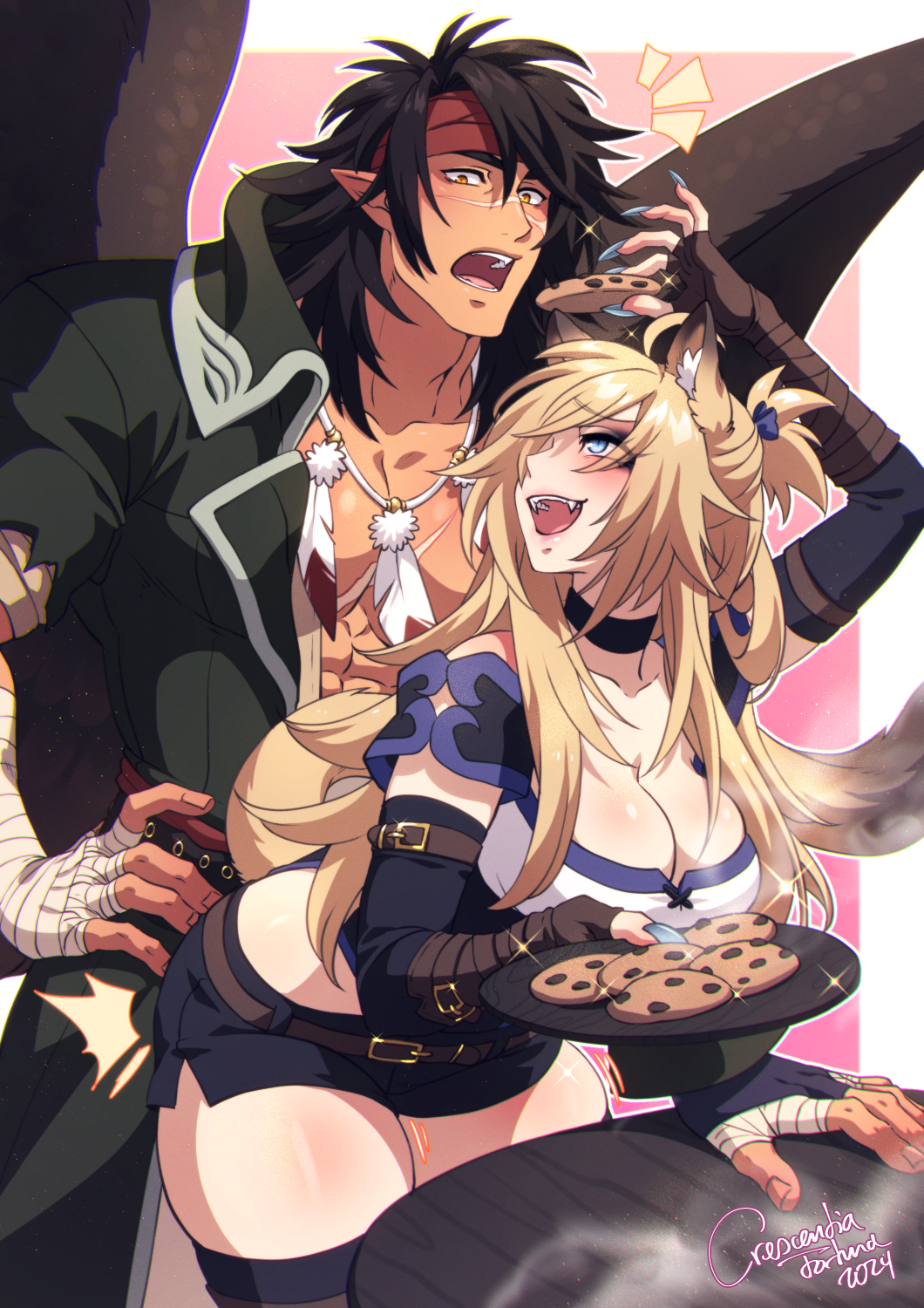 1boy 1girl abs bara blonde_hair blue_nails breasts couple crescentia_fortuna feather_necklace feathered_wings fire_emblem fire_emblem:_radiant_dawn hair_over_one_eye hetero highres jewelry large_breasts large_pectorals leather leather_belt leather_pants muscular muscular_male necklace nintendo open_mouth original pants pectorals scar scar_on_chest shorts side_slit side_slit_shorts spread_wings sylana_(crescentia_fortuna) tibarn_(fire_emblem) very_long_fingernails wings