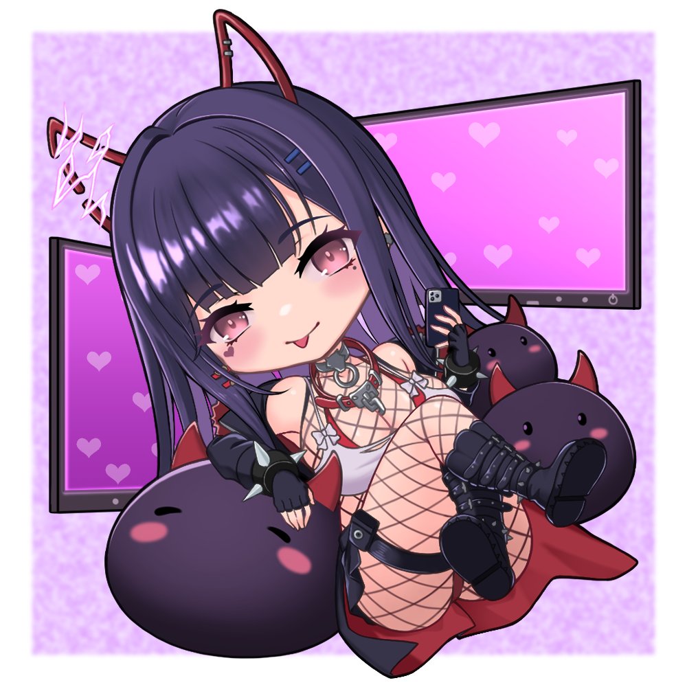 1girl :p akuma_nihmune akuma_nihmune_(demon_past) animal_collar black_boots black_gloves black_hair black_skirt bodystocking boots bow bra bracelet breasts chibi collar facial_mark fingerless_gloves fishnet_bodystocking fishnets gloves heart heart_facial_mark holding holding_phone horn_ornament horns indie_virtual_youtuber jewelry kangaruu_(momotk1109) large_breasts mole mole_under_eye monitor noomba_(akuma_nihmune) phone pink_eyes red_collar red_horns skirt spiked_bracelet spikes thigh_strap tongue tongue_out underwear virtual_youtuber white_bow white_bra
